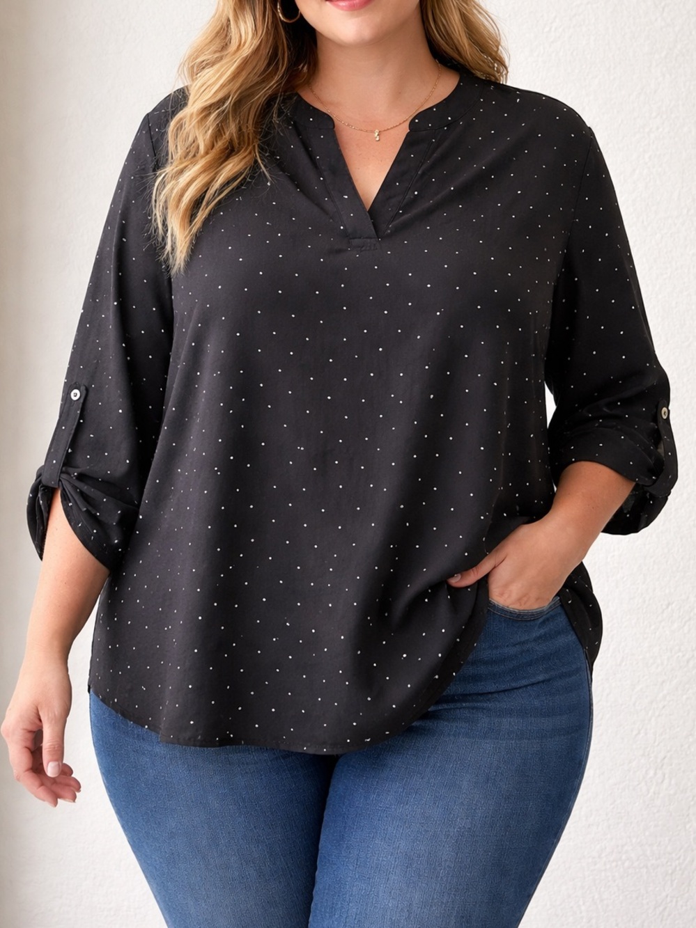 Lush Black Micro Dot Split-Neck Blouse